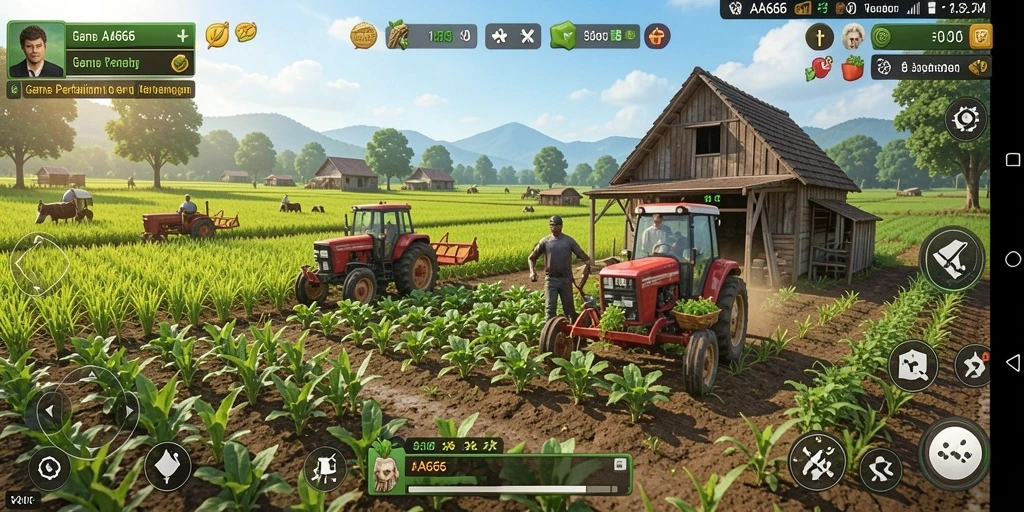 Tampilan gameplay AA666 yang menggambarkan aktivitas bertani yang seru.