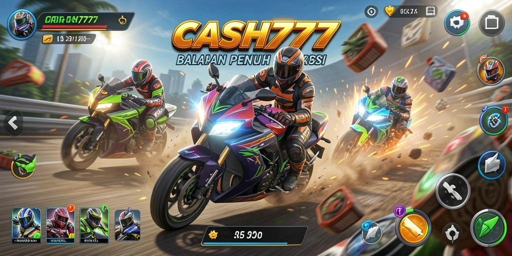 Screenshot utama CASH777 memperlihatkan serunya gameplay balapan motor.