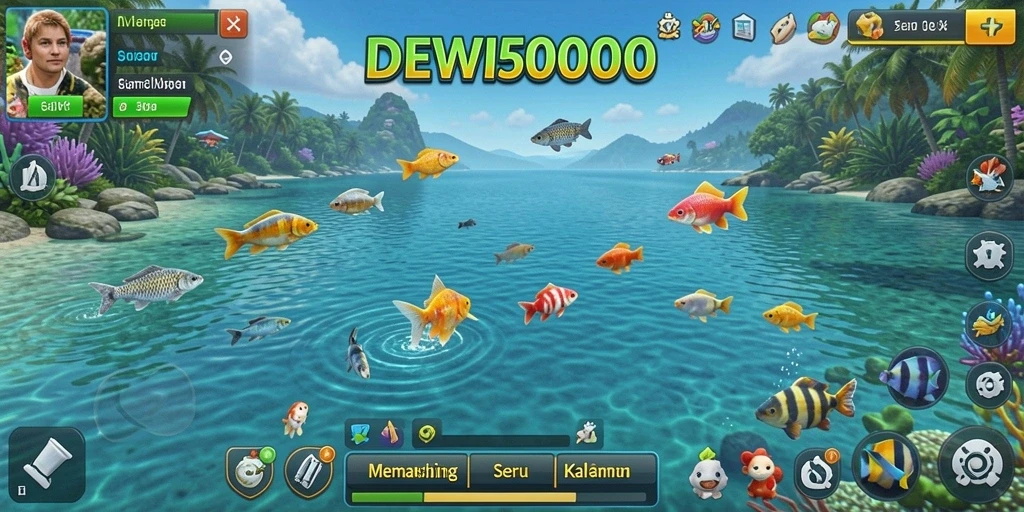 Tampilan gameplay menampilkan momen seru memancing di DEWI5000.