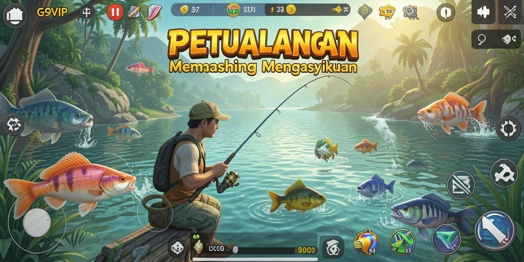 Tampilan gameplay G9VIP dengan aksi memancing yang seru.